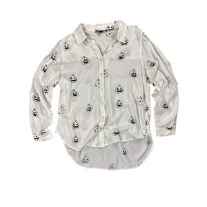 Jane + Delancey White Pumpkin Jack‑O‑Lantern Print Button Down Shirt M